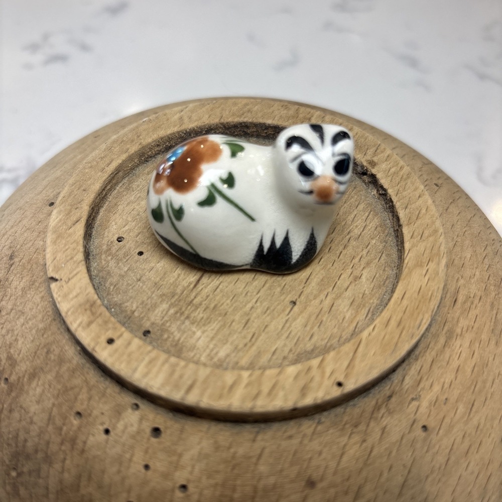Vintage Tonala Pottery Cat Figurine Signed Mex Mid Century Style Floral Kitten